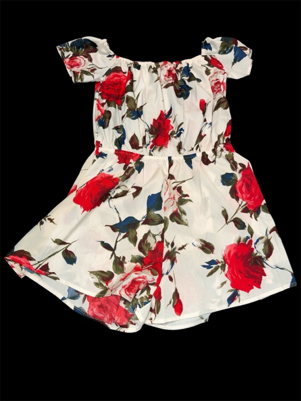 White Floral Off-Shoulder Romper with Red Rose Print